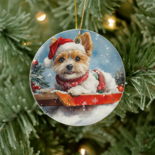 Ornamento De Cerâmica Cachorro Biewer Terrier no Trenó Deixe Nevar Natal
