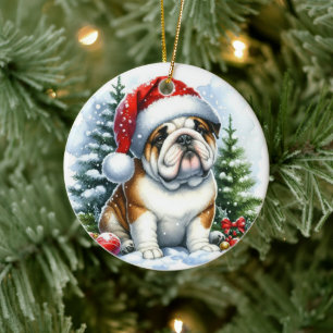 Ornamento De Cerâmica Cachorro Bonito em uma Aquarela Santa Hat