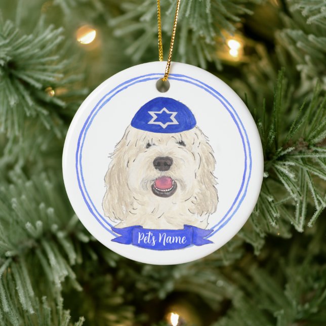 Ornamento De Cerâmica Cachorro Branco Personalizado Cachorro Hanukkah (Árvore)