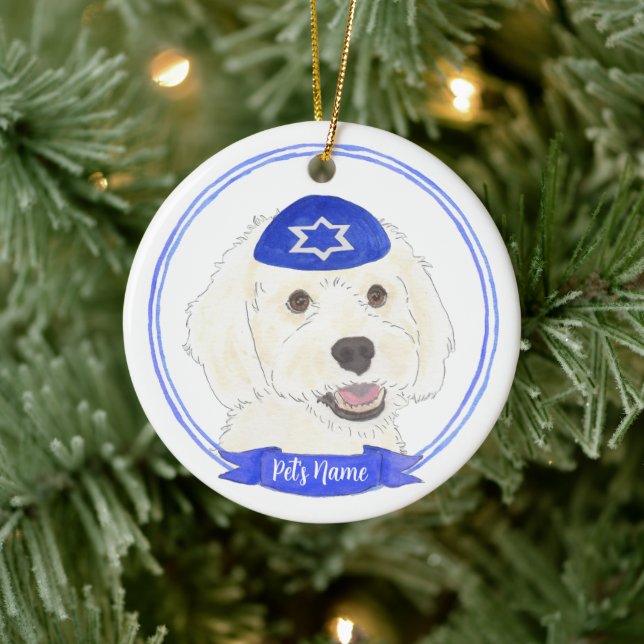 Ornamento De Cerâmica Cachorro Branco Personalizado Hanukkah (Árvore)
