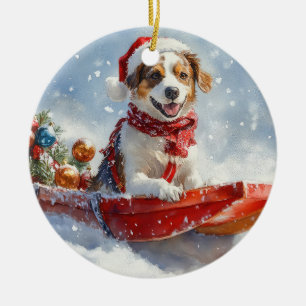 Ornamento De Cerâmica Cachorro Brittany Spaniel no Natal do Sledge