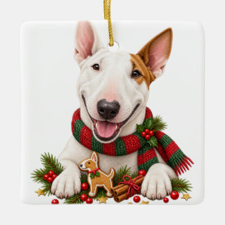 ORNAMENTO DE CERÂMICA CACHORRO BULL TERRIER COLORIDO DE NATAL ADORÁVEL