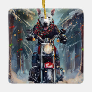 Ornamento De Cerâmica Cachorro Bull Terrier Pilotando Motocicleta Natal
