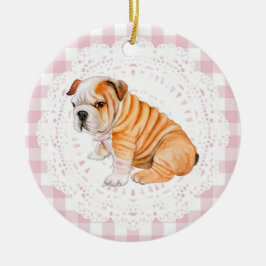 Ornamento De Cerâmica Cachorro Bulldog Coquette com Laços de Xadrez Rosa