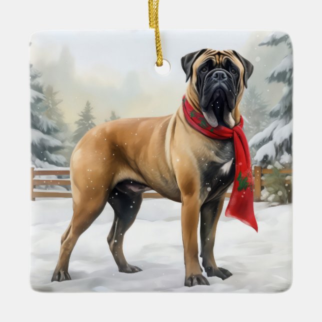 Ornamento De Cerâmica Cachorro Bullmastiff no Natal da Neve (Frente)