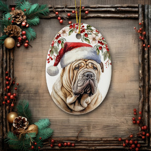 Ornamento De Cerâmica Cachorro chinês Shar-Pei Holly Berry Natal