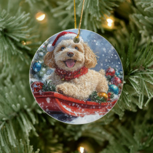 Ornamento De Cerâmica Cachorro Cockapoo no Trenó 'Deixe Nevar' Natal