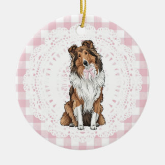 Ornamento De Cerâmica Cachorro Collie Coquete com Laços de Xadrez Rosa