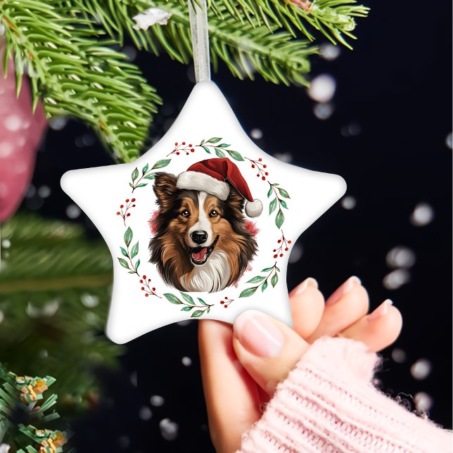 Ornamento De Cerâmica Cachorro Collie de Natal Personalizado (Criador carregado)