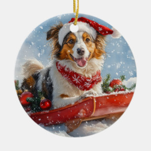 Ornamento De Cerâmica Cachorro Collie em Sledge Deixe-o nevar no Natal