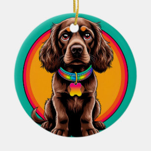 Ornamento De Cerâmica Cachorro com Coleira Colorida Dentro de Círculo De