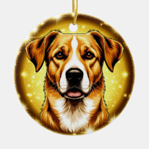 Ornamento De Cerâmica Cachorro com Fundo Dourado