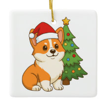 Cachorro Corgi Fofo com um Chapéu Vermelho com Árv