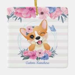 Ornamento De Cerâmica Cachorro Corgi Fofo Coroa de Flores Borboleta Azul