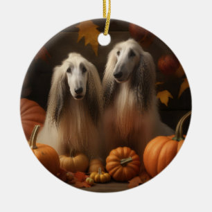 Ornamento De Cerâmica Cachorro da raça Afghan Hound Outono Delícia Abóbo