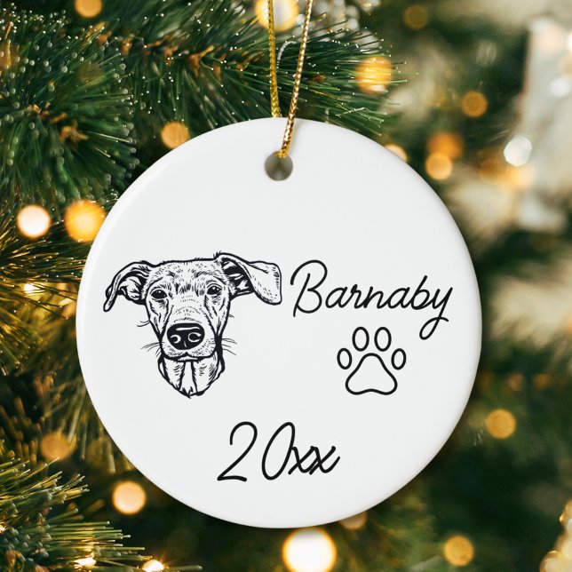 Ornamento De Cerâmica Cachorro Dachshund Nome Personalizado & Ano Arte d (Dachshund Dog Custom Name and Year Ornament with Paw Print. Black and White Line Art Modern)