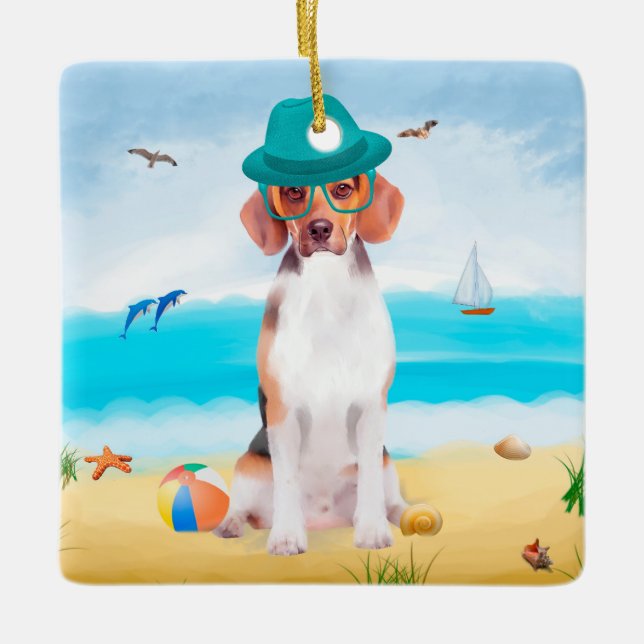Ornamento De Cerâmica Cachorro De Beagle Na Praia (Frente)