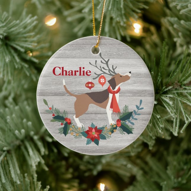 Ornamento De Cerâmica Cachorro de Beagle Natal Russo Antlers Greenery (Árvore)