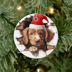 Ornamento De Cerâmica Cachorro de Bebê no Papai Noel - 3D