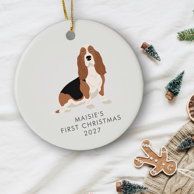 Ornamento De Cerâmica Cachorro de Caça Personalizado Primeiro Natal (Criador carregado)