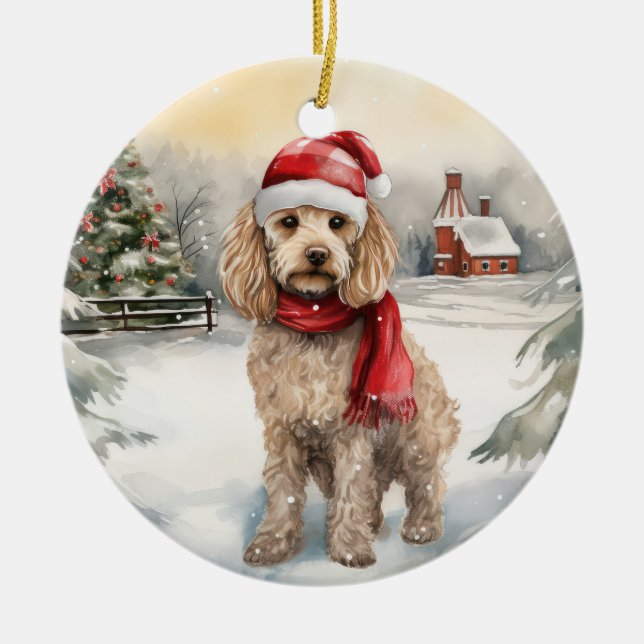 Ornamento De Cerâmica Cachorro de Cockapoo no Natal da Neve (Frente)