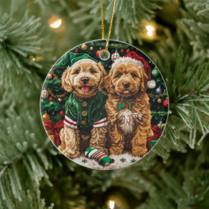 Ornamento De Cerâmica Cachorro de Goldendoodle de Natal