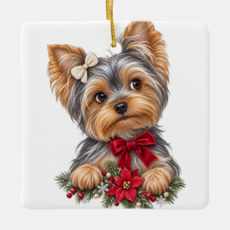 ORNAMENTO DE CERÂMICA CACHORRO DE NATAL ADORÁVEL YORKSHIRE TERRIER FOFO