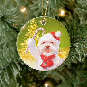 Ornamento De Cerâmica Cachorro de Natal com Canas Doces
