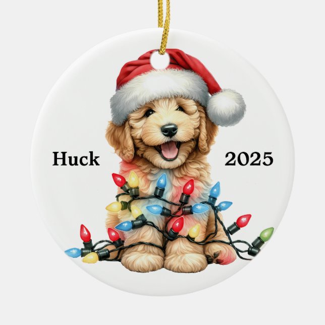Ornamento De Cerâmica Cachorro de Natal de Goldendoodododle Personalizad (Frente)