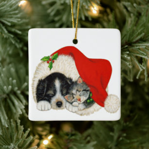 Ornamento De Cerâmica Cachorro De Natal E Gato Num Chapéu De Papai Noel