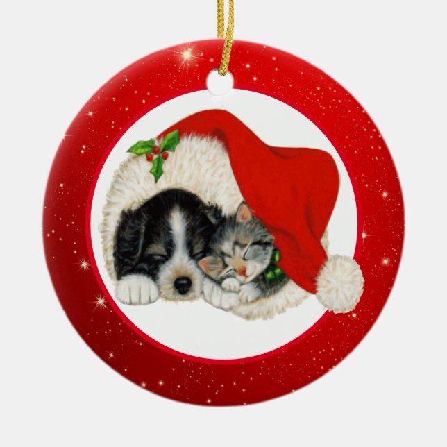 Ornamento De Cerâmica Cachorro de Natal e Kitten (Frente)