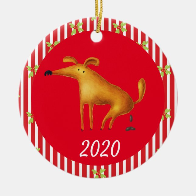 Ornamento De Cerâmica Cachorro de Natal fazendo Cocô Covid Engraçado 202 (Frente)
