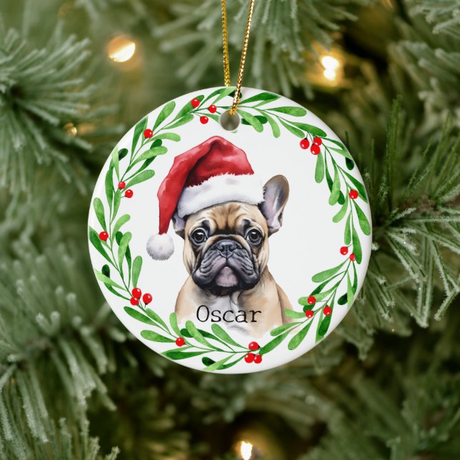 Ornamento De Cerâmica Cachorro de Natal Tan Frenchie - Pet Francês Buldo (Árvore)