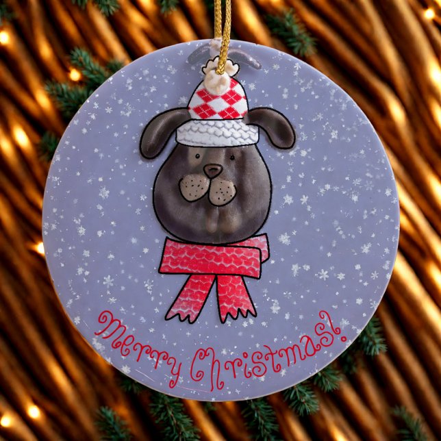 Ornamento De Cerâmica Cachorro de Natal usando boné e cachecol de tricô (Criador carregado)