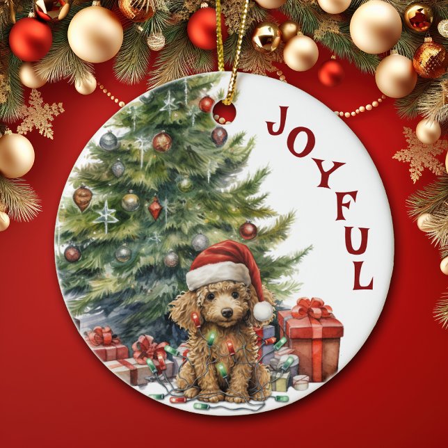 Ornamento De Cerâmica Cachorro de Poodle Apricot em Luzes de Natal (Criador carregado)