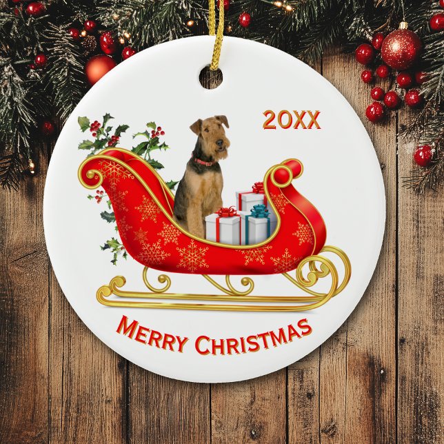 Ornamento De Cerâmica Cachorro de Terrier no Natal Airedale (Criador carregado)
