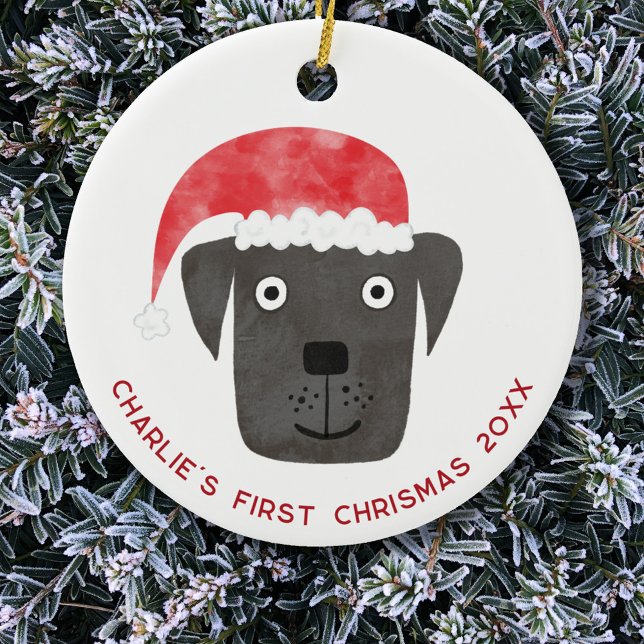 Ornamento De Cerâmica Cachorro Divertido Primeiro Natal Personalizado (Fun Black Labrador Retriever Dog personalized name first christmas date ceramic ornament)