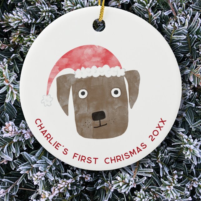 Ornamento De Cerâmica Cachorro Divertido Primeiro Natal Personalizado (Chocolate Brown Labrador Retriever Dog personalized name first christmas date ceramic ornament
)