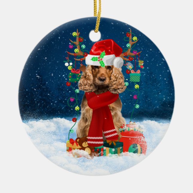 Ornamento De Cerâmica Cachorro do Cocker Spaniel com presentes de Natal (Frente)
