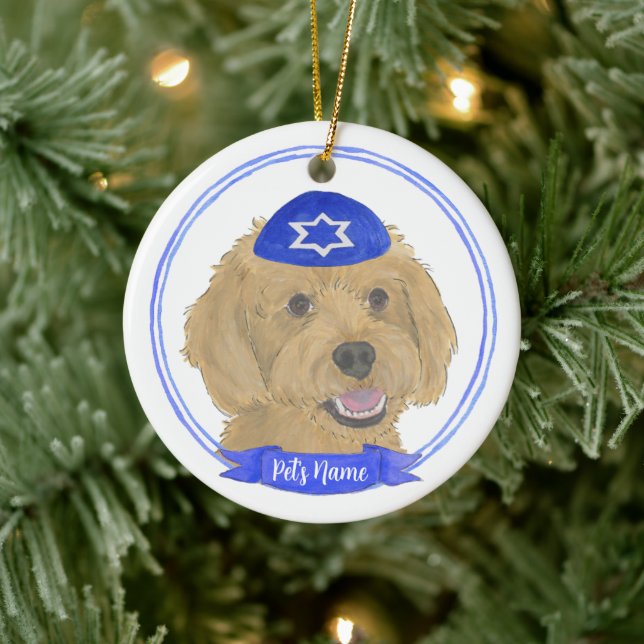 Ornamento De Cerâmica Cachorro Dourado de Apricot Personalizado Hanukkah (Árvore)