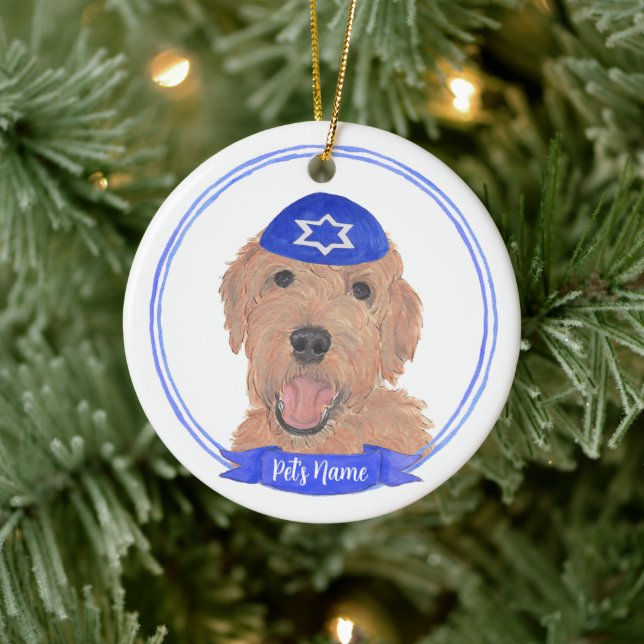 Ornamento De Cerâmica Cachorro Dourado de Apricot Personalizado Hanukkah (Árvore)
