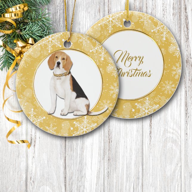 Ornamento De Cerâmica Cachorro Dourado de Snowflake Border Beagle (Criador carregado)