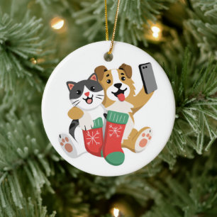 Ornamento De Cerâmica Cachorro e Gato de Natal Fofo Tirando Selfie – Fér