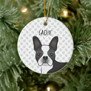 Ornamento De Cerâmica Cachorro e Nome do Cartoon Black and White Boston