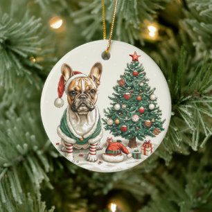 Ornamento De Cerâmica Cachorro Elf do Buldogue Francês de Natal