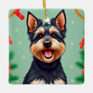 Ornamento De Cerâmica Cachorro em meio às decorações de Natal