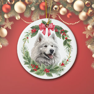 Ornamento De Cerâmica Cachorro Eskimo Americano Vermelho Arco Holly Wrea