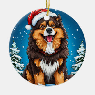 Ornamento De Cerâmica Cachorro Feliz Usando Chapéu de Papai Noel