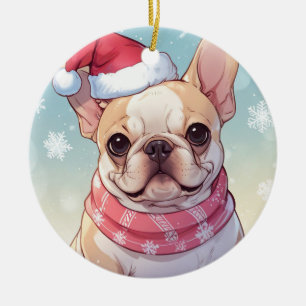 Ornamento De Cerâmica Cachorro francês bonito com chapéu e cachecol