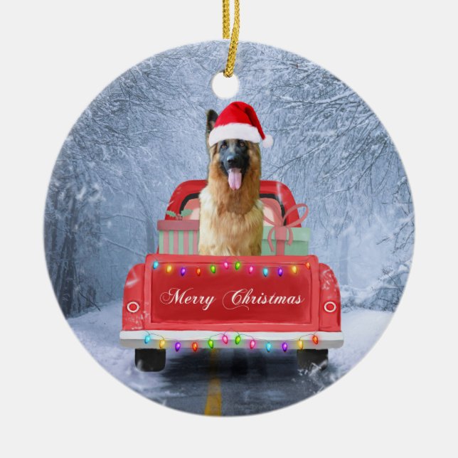 Ornamento De Cerâmica Cachorro german shepherd na neve sentado no Natal  (Frente)